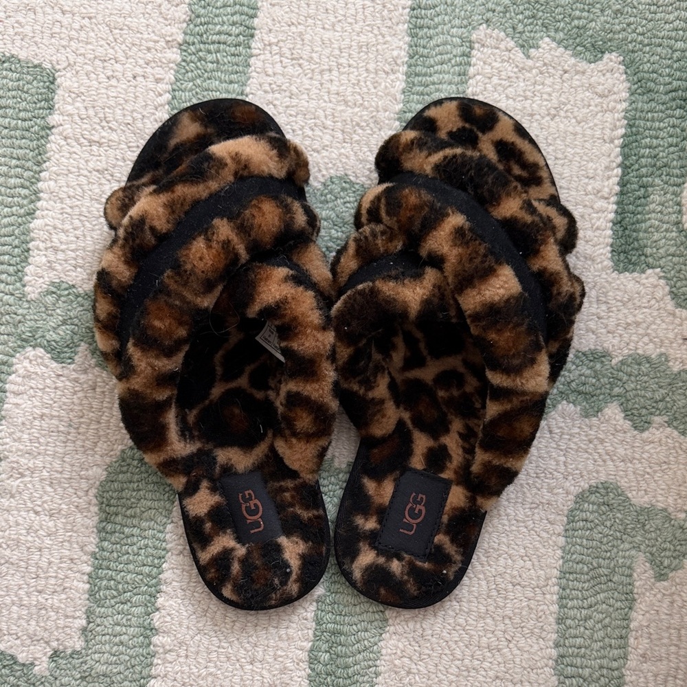 UGG Fuzzy Leopard Print Slides